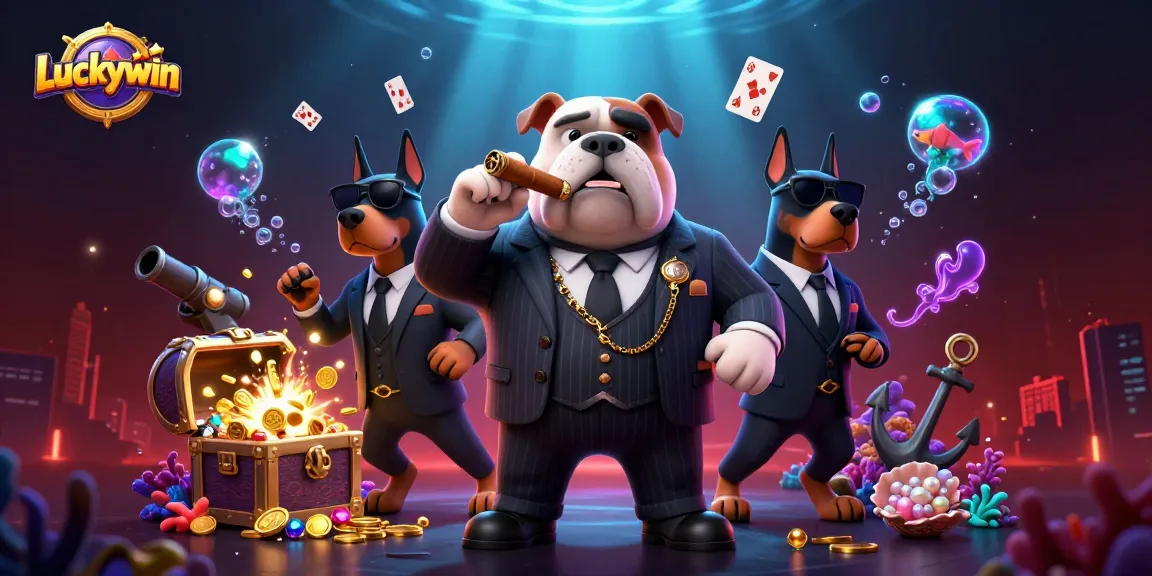 Experience the excitement of Luckywin with a scene showcasing a mafiadog boss and bodyguard Dobermans amid vibrant casino elements.