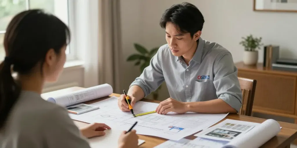 Licensed contractor discussing slot toto project options with a client in a cozy home.
