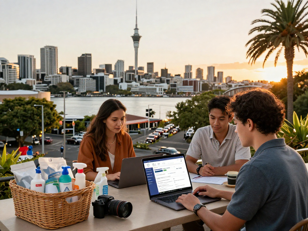 airbnb management auckland hosts collaborating on property strategies with city skyline and listings visible