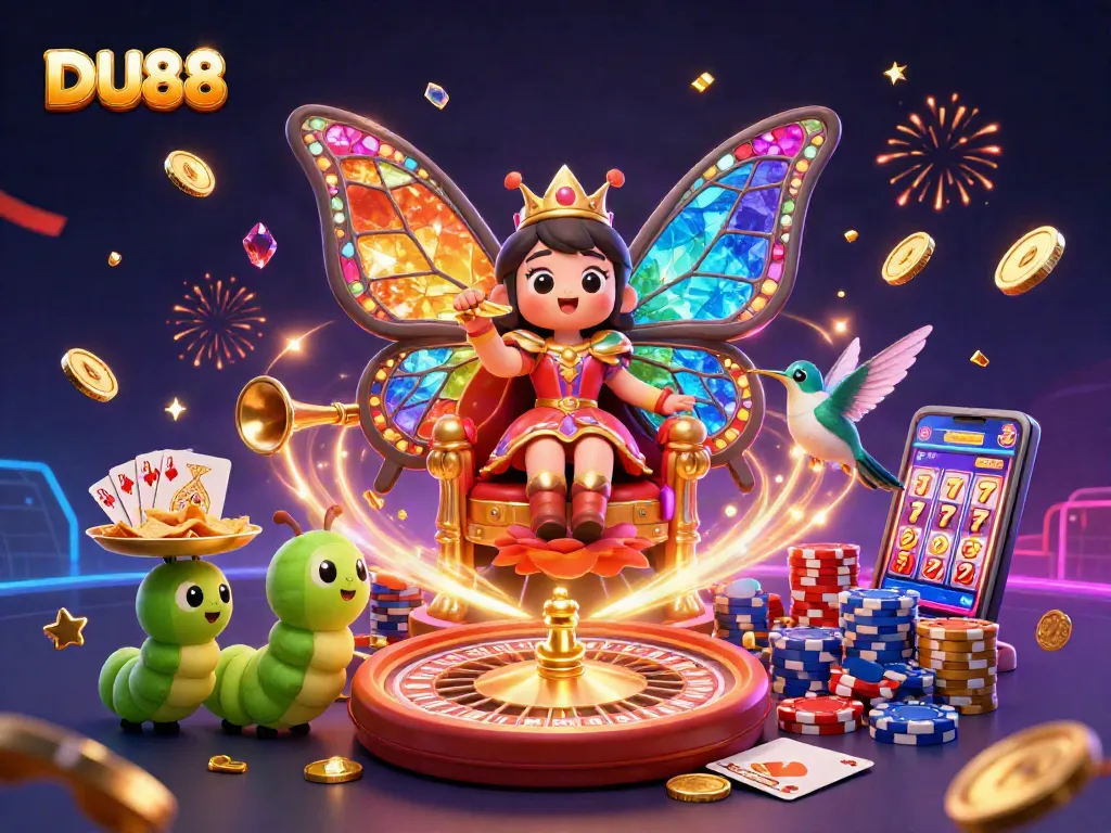Experience the excitement of DU88 with a vibrant casino scene featuring a butterfly queen and dynamic game elements.