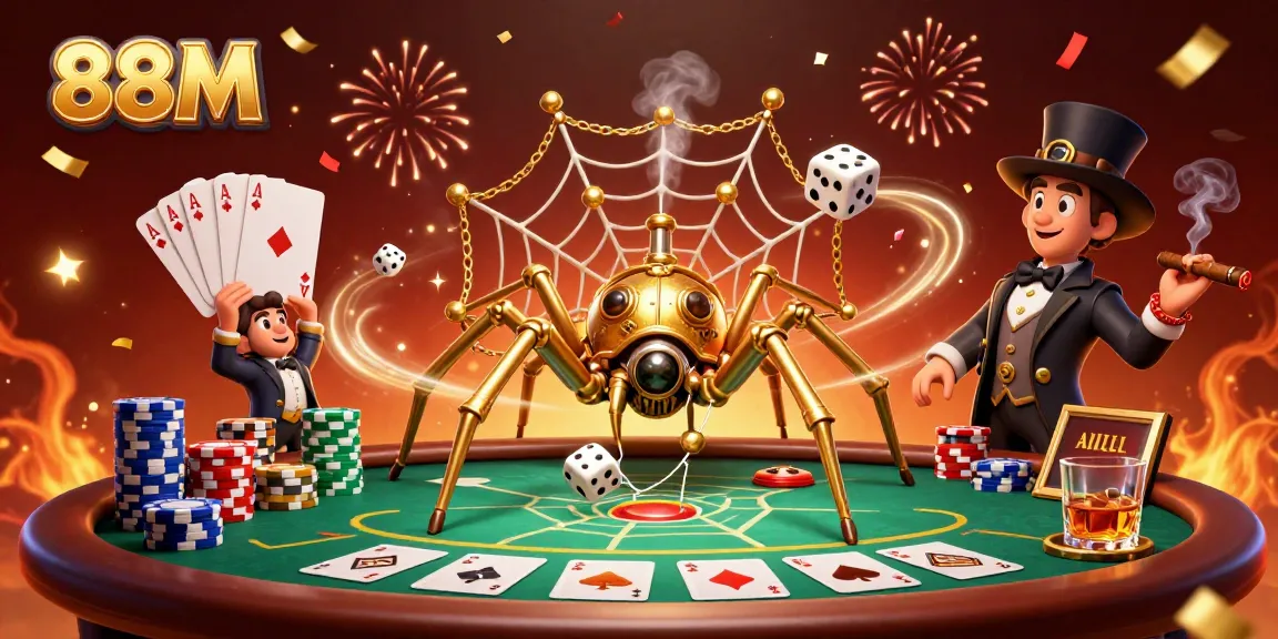 Engage with 88M's vibrant steampunk casino world featuring a golden spider and charming fly gentleman.
