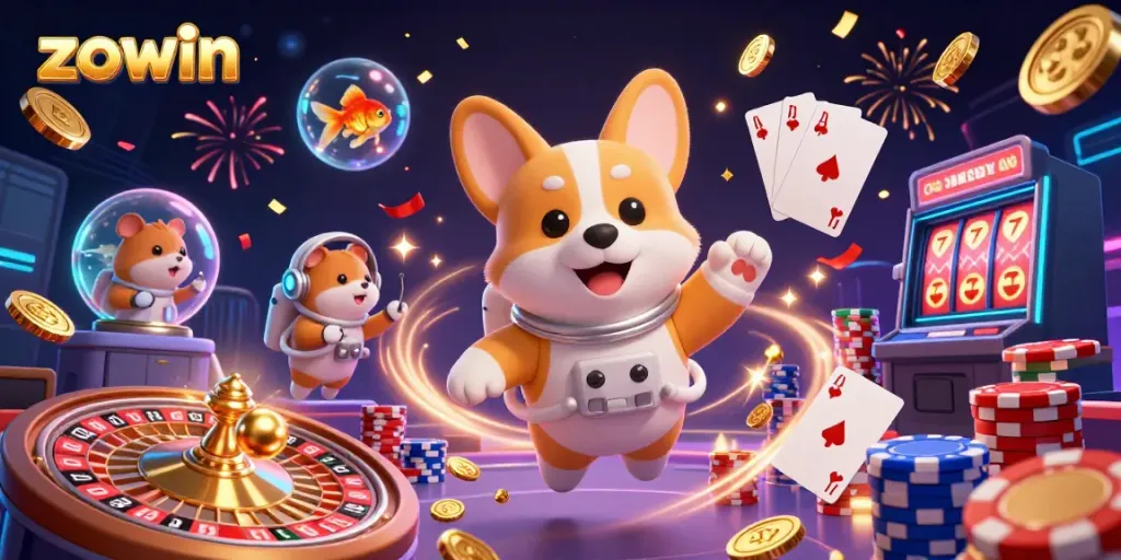 Zowin's vibrant online casino scene with a floating corgi and game elements bringing excitement to players.