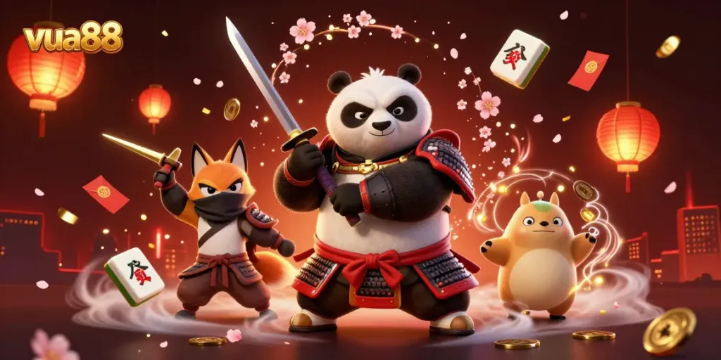 Experience thrilling gameplay at vua88 with enchanting samurai panda and ninja fox in a captivating casino scene.
