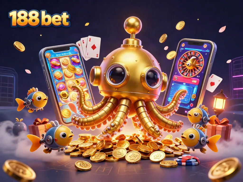 Experience thrilling games at 188 bet with golden kraken and mechanical fish in a vibrant casino scene.