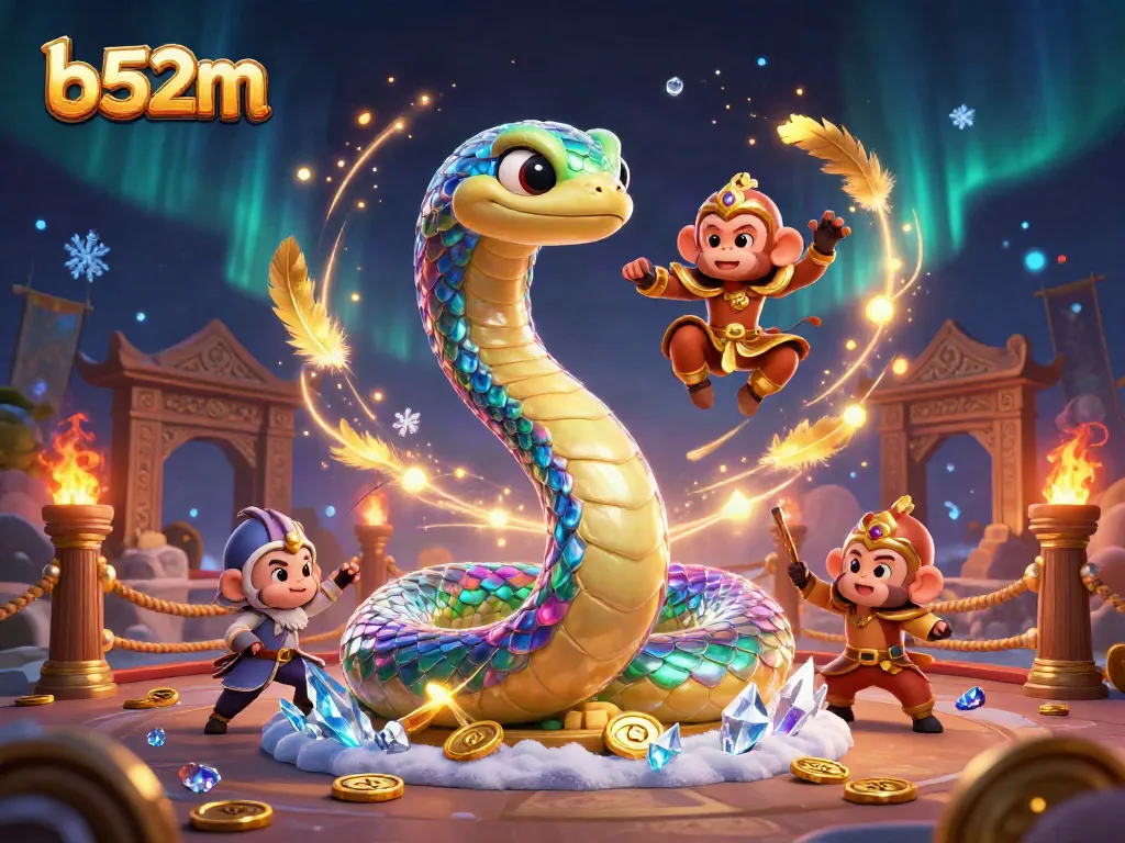 Experience the vibrant world of b52m with a cartoon rainbow serpent and monkey king amidst a casino scene.