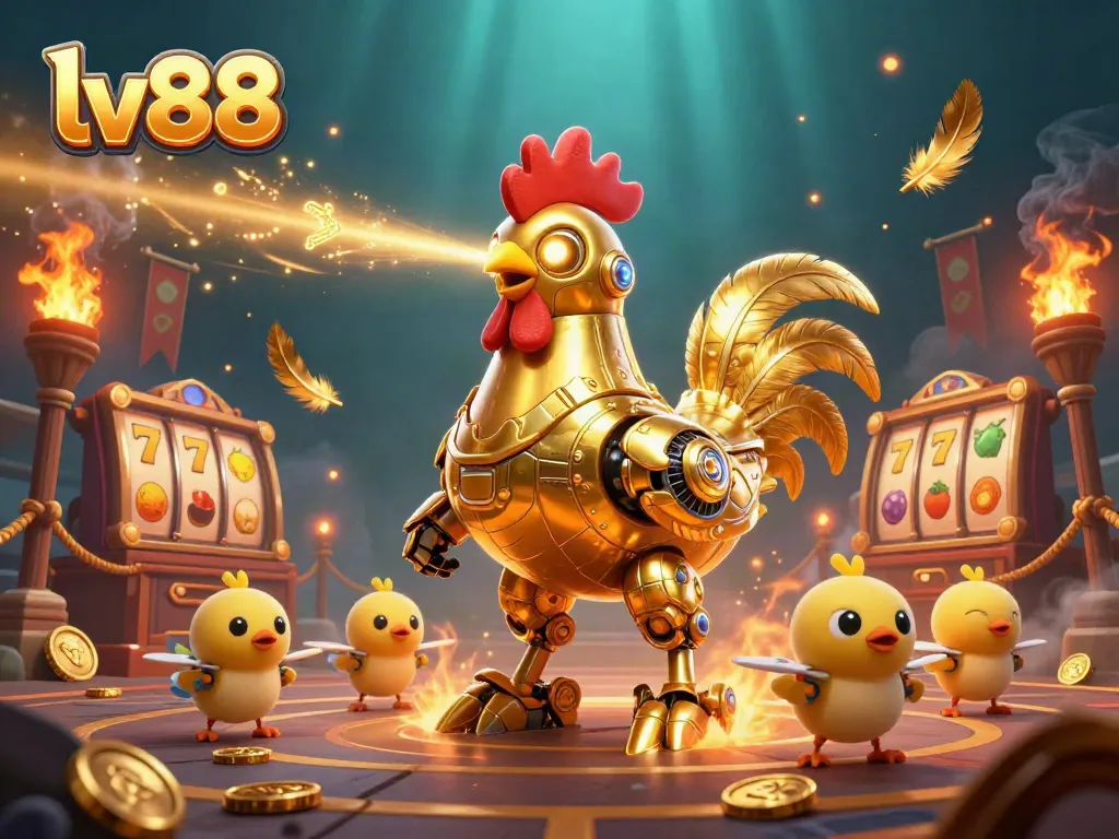 Engage with exciting games at lv88 - Retro-futuristic illustration of a golden rooster robot with slot reels!