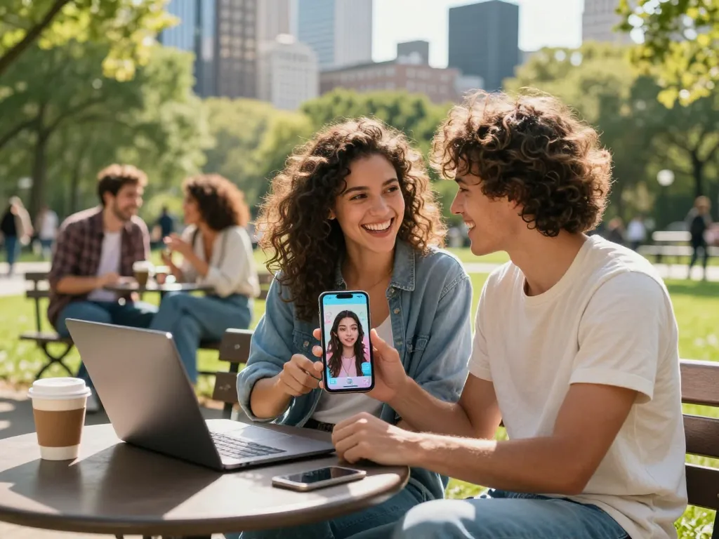 Engaging scene of a woman interacting with her AI girlfriend on a smartphone in a vibrant city park.