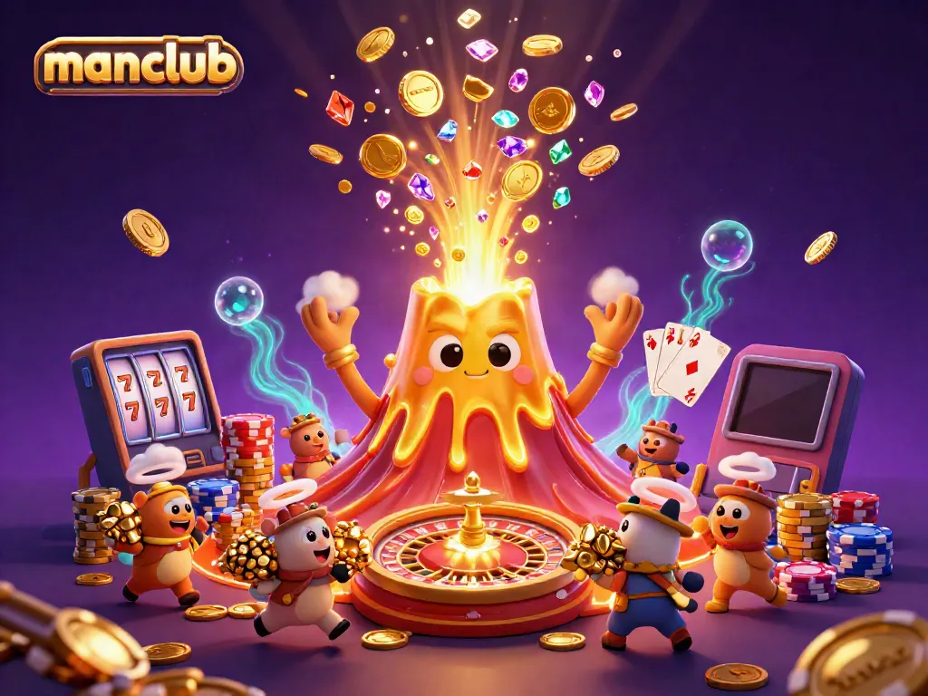Experience the excitement playing manclub with golden coins erupting from the volcano amidst thrilling casino elements.