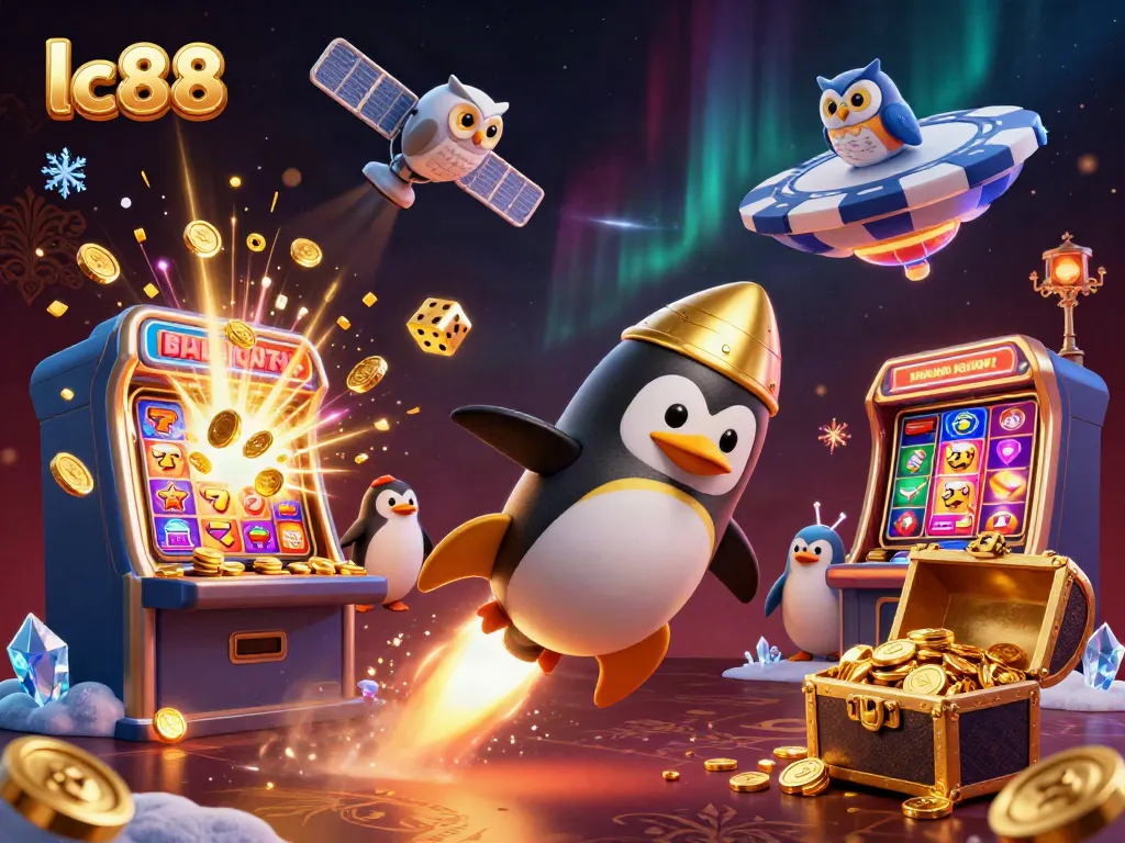 Experience the excitement of lc88 with a rocket-powered penguin amidst slot machines and treasure!