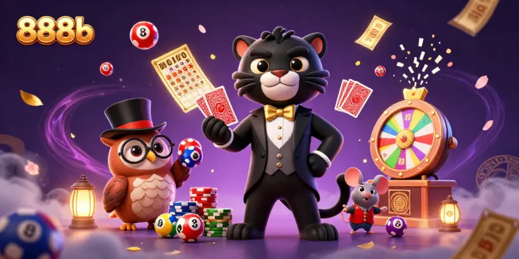 Engage in fun gameplay with 888b featuring a panther dealer and vibrant casino elements.