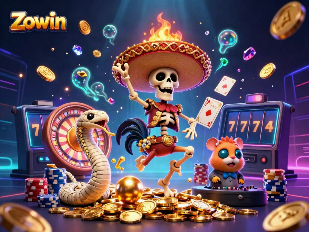 Zowin offers an exciting gaming experience with vibrant characters amidst cascading coins and sparkling gems.