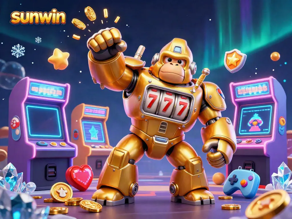 Engage in the thrilling world of sunwin with a dynamic golden gorilla mech, vibrant game elements, and a colorful casino background.