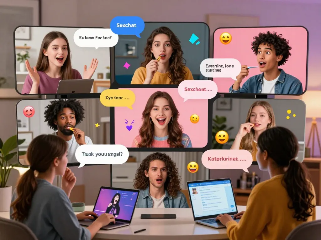 Engaging virtual sexchat scene with diverse animated characters and flirty conversations.