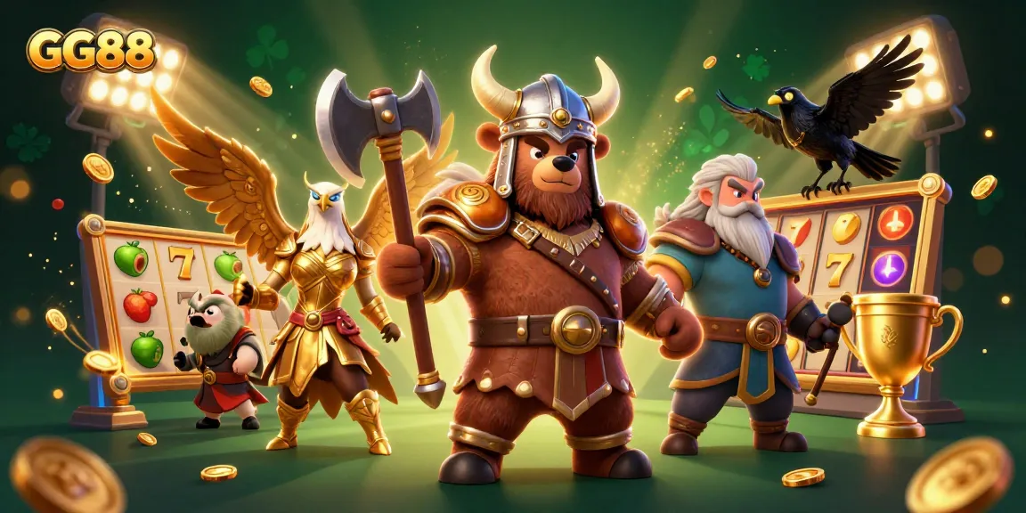 GG88 showcases a dynamic 3D illustration featuring a Viking bear and Valkyrie surrounded by slot reel elements.