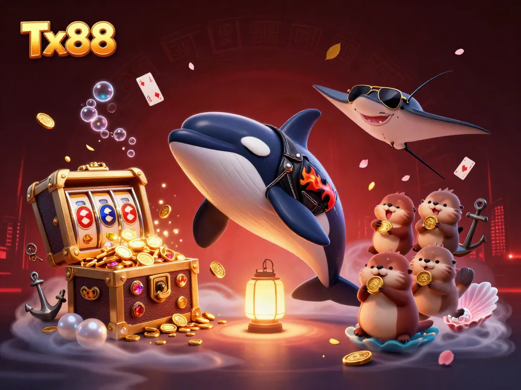Tx88 casino illustration featuring a 3D cartoon orca whale and sea creatures surrounded by coins and gaming elements