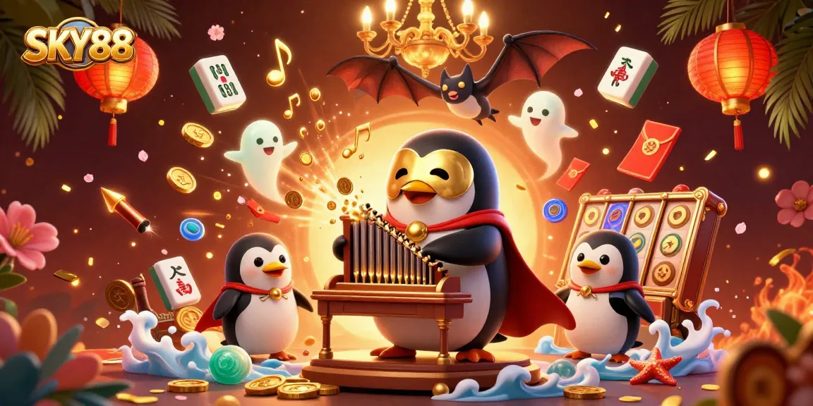 Experience the thrilling atmosphere of SKY88 with a magical casino scene featuring games and characters.