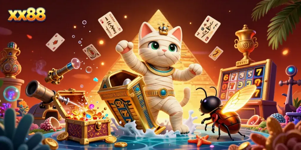 Play exciting slots with xx88, featuring a vibrant mummy cat and alluring casino elements.