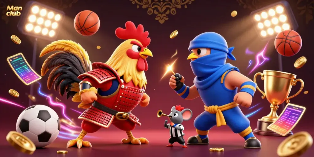 Experience the thrill of Man club with 3D roosters battling amidst vibrant casino elements.