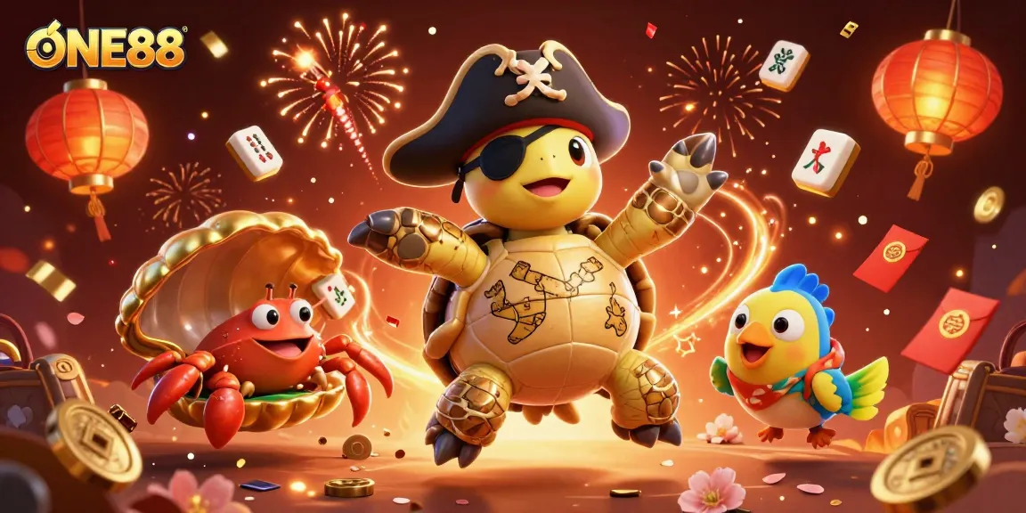 Experience the thrill of ONE88 gaming with a vibrant 3D illustration of cartoon characters amidst treasure and festive symbols.