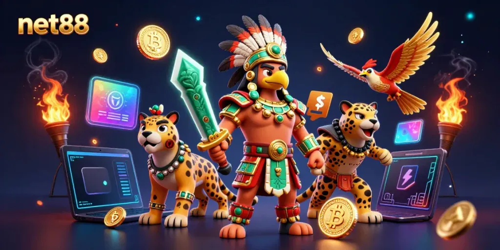 Engage in thrilling gameplay at net88 with an Aztec warrior surrounded by neon crypto and casino elements.