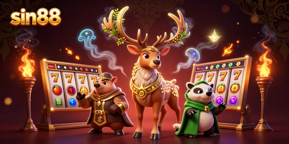 Spin the sin88 slot reels alongside a wise badger and mystical stag in this vibrant casino scene.