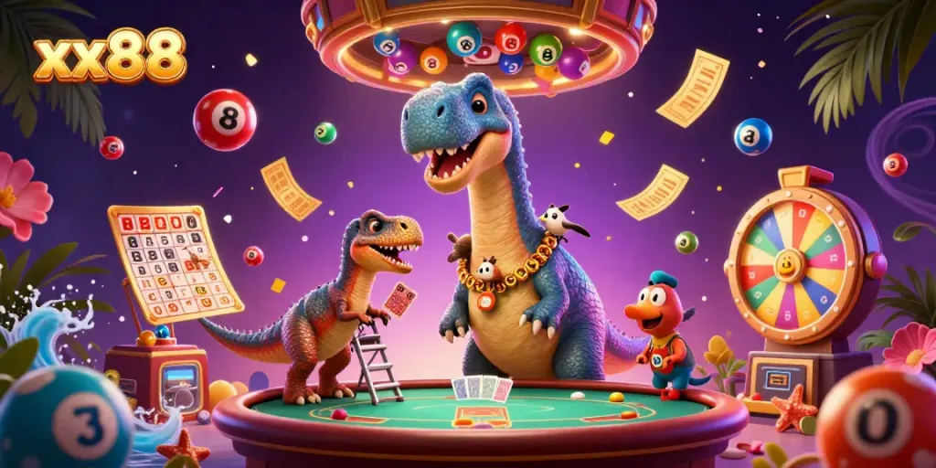Experience excitement at xx88 with a playful dinosaur and gaming elements, perfect for gamblers.