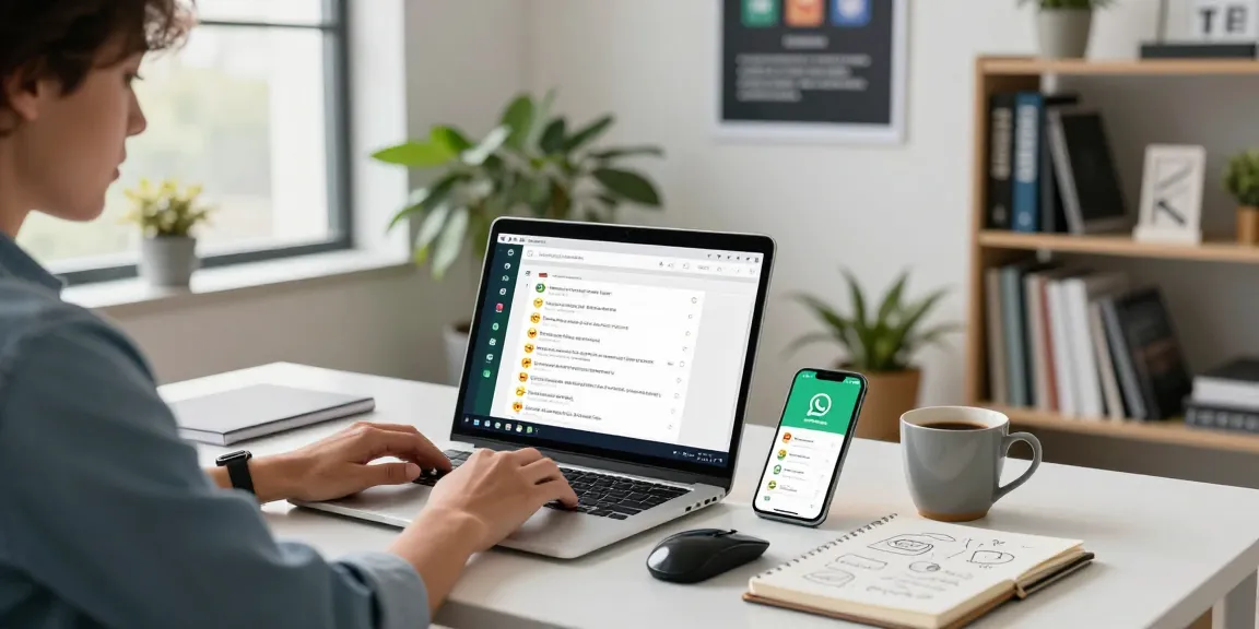 Using WhatsApp電腦版 in a modern office workspace with a laptop and smartphone.