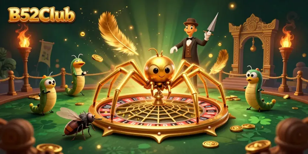 B52Club captivates with a golden spider and centipede dealer at a roulette wheel, radiating excitement.