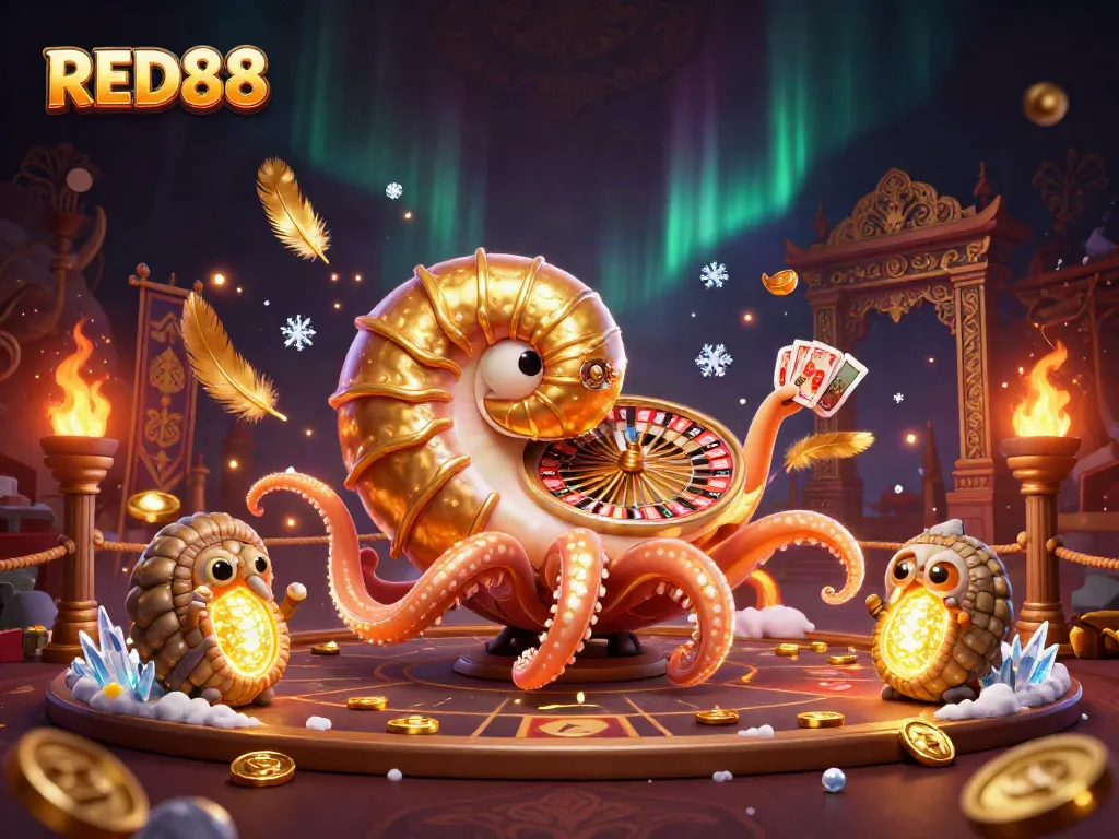 Engage in thrilling gameplay at RED88 featuring a dynamic casino scene with ancient characters and glowing elements.
