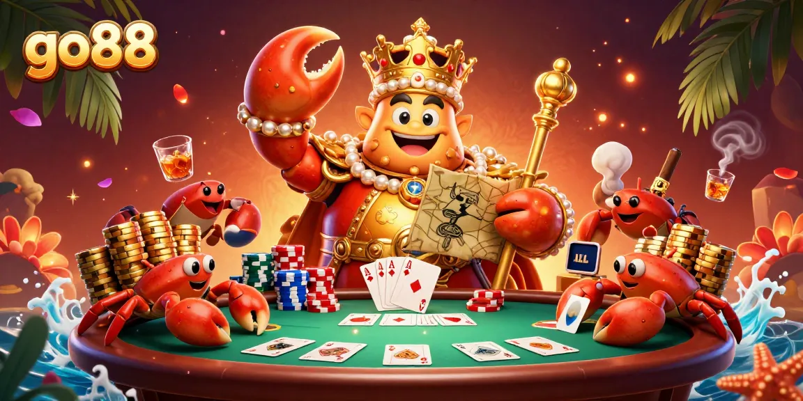 Experience excitement with go88, a vibrant casino scene featuring a majestic crab and poker elements.