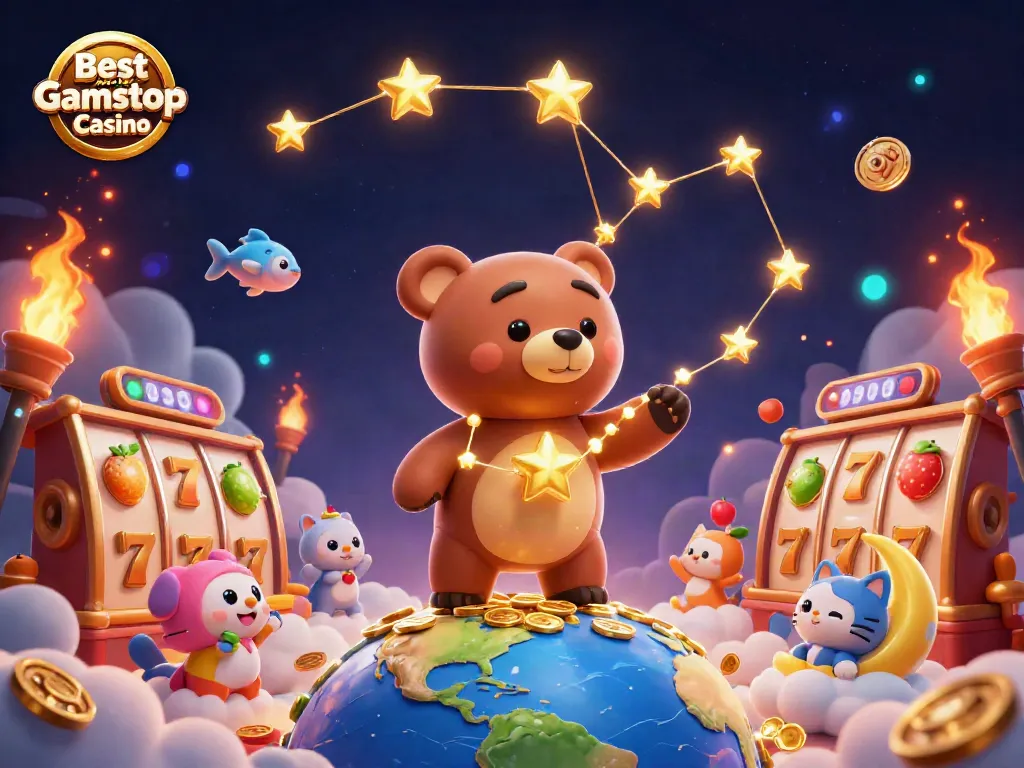 Engage with the Best non Gamstop Casino featuring golden constellation bear scooping coins and vibrant gaming symbols.