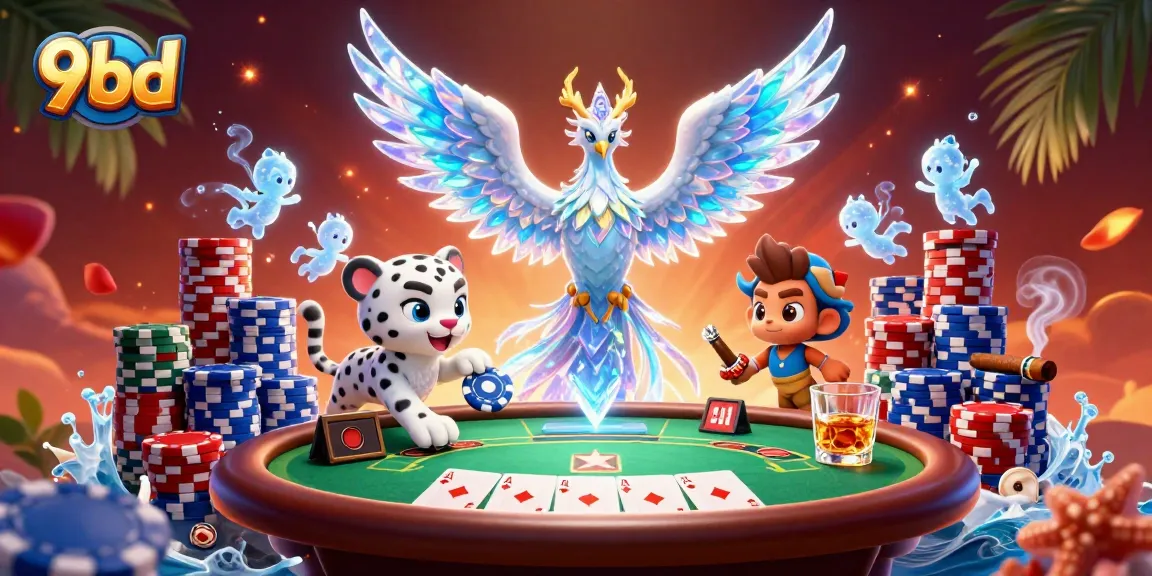 Experience thrilling poker action with 9bd's vibrant 3D illustration featuring a snow leopard and ice phoenix.