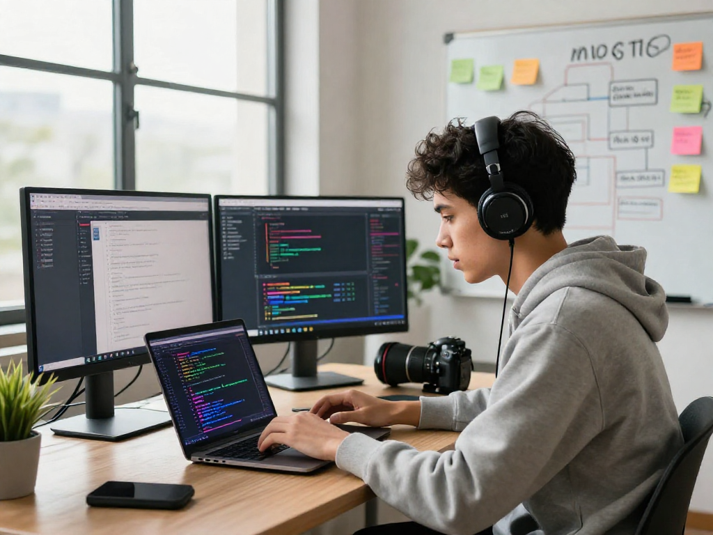 Dynamic workspace showcasing a developer working on 18+ ai application, featuring monitors, coding interface, and collaborative elements.