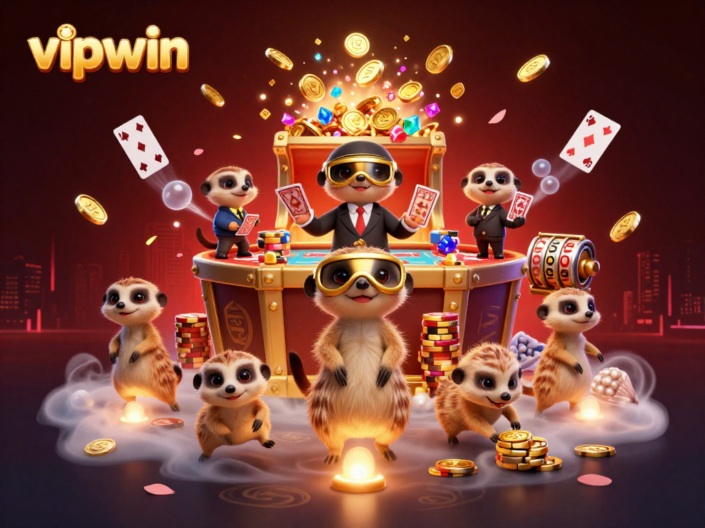 Experience exciting gameplay at vipwin with meerkats operating a vibrant casino scene filled with action.