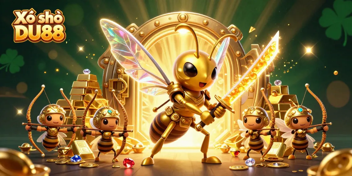 Xổ số DU88 showcases a vibrant scene with gambling characters in action, surrounded by treasure and jackpot elements.