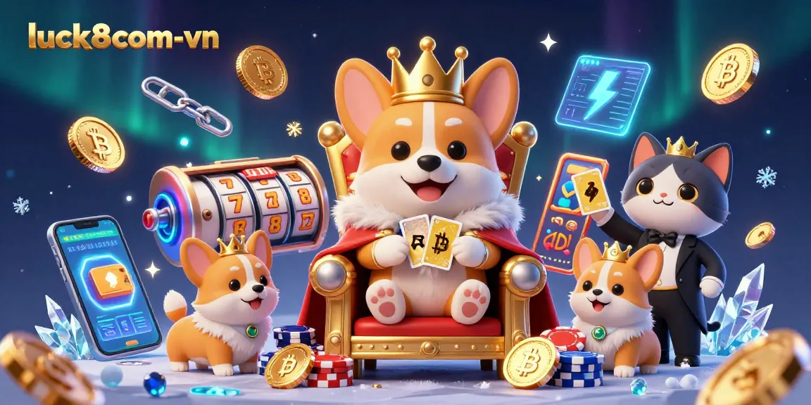 Experience thrilling gameplay at luck8com-vn featuring a royal corgi on a poker chip throne.