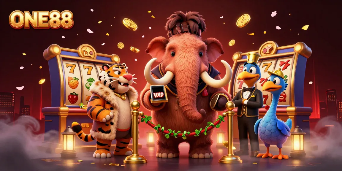 Experience the vibrant casino energy with ONE88 as the woolly mammoth bouncer checks IDs, while slot reels spin.