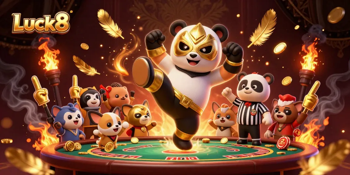 Luck8 casino scene with a panda wrestler kicking, surrounded by playful animal spectators and dynamic game elements.