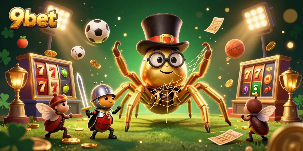 Bet on 9bet with a vibrant 3D illustration showcasing a golden tarantula and beetle knight in action.
