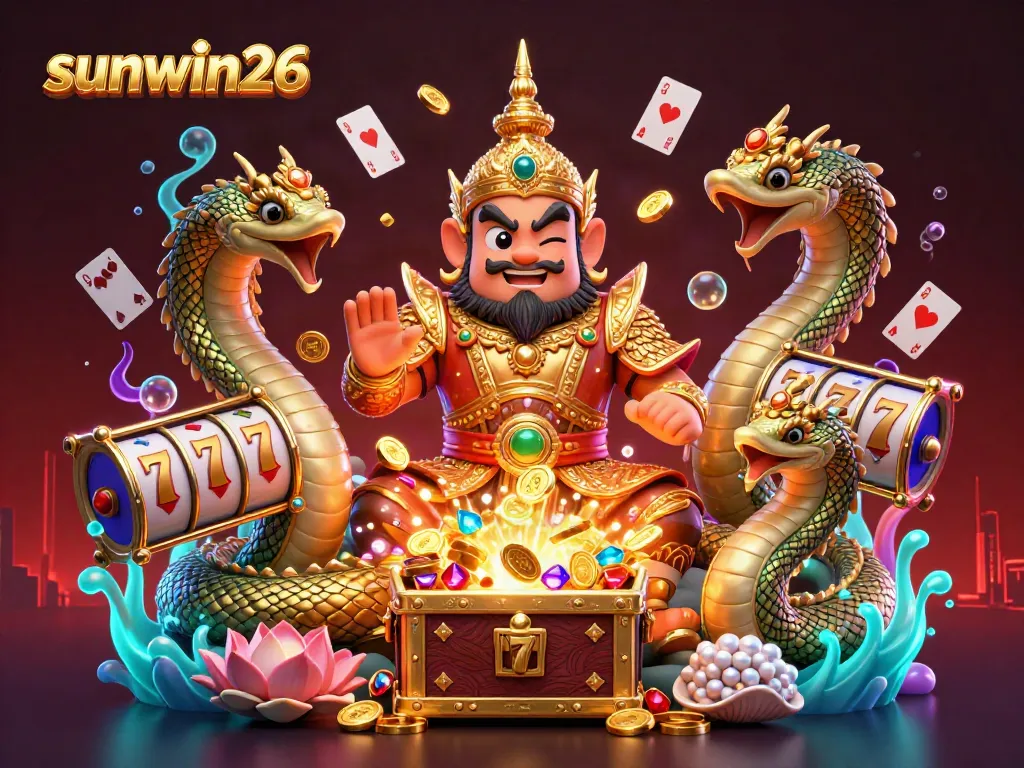 Experience thrilling game action with sunwin26's vibrant 3D illustration featuring casino elements.