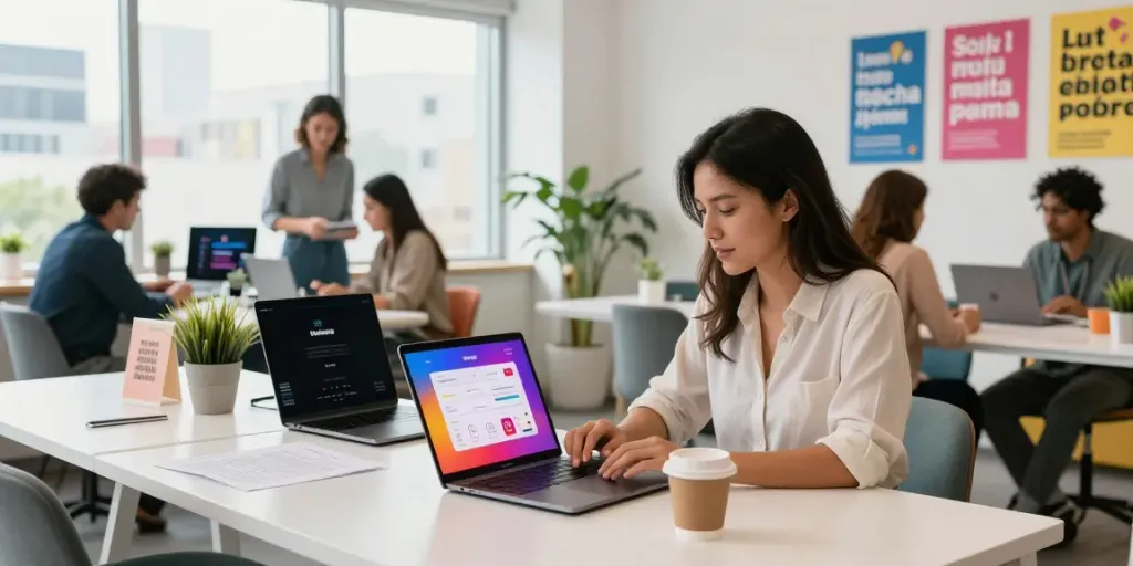 Professional woman analyzing Instagram followers in a vibrant co-working space.