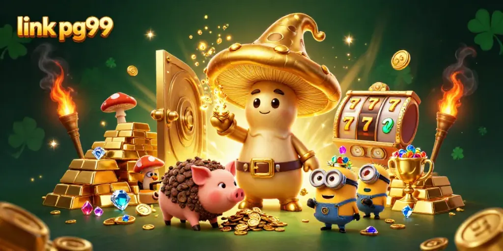 Experience the thrill of winning at PG99 with this vibrant 3D illustration featuring gold treasures and casino elements.