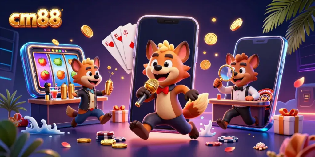 Engage in casino fun with cm88's vibrant hyena comedy club scene featuring games and laughter.