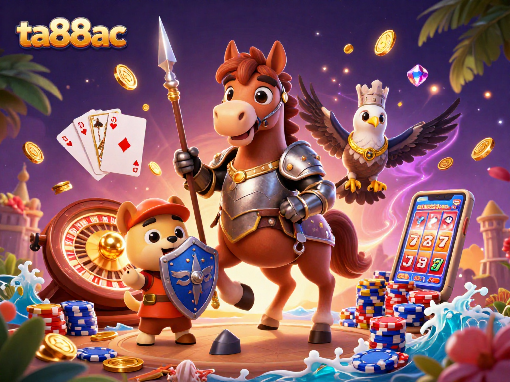 Experience ta88ac's thrilling casino action with a knight, puppy, and falcon amidst vibrant gaming elements.