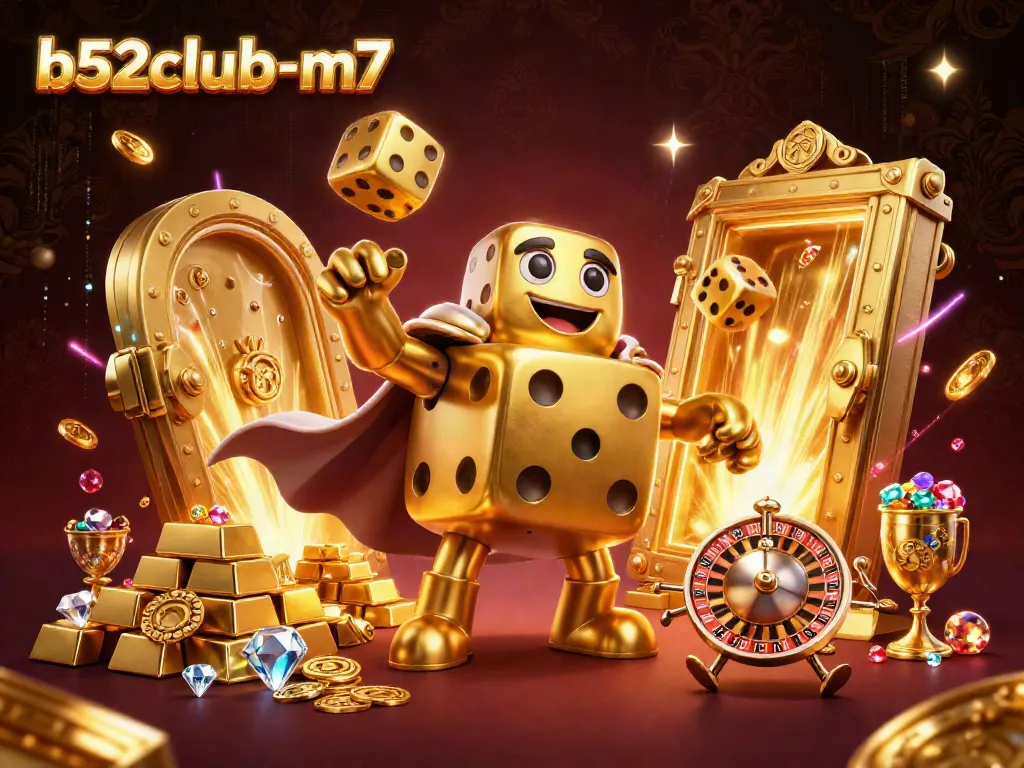 Experience the vibrant excitement of b52club-m7 with a dazzling casino scene featuring golden dice and treasures.