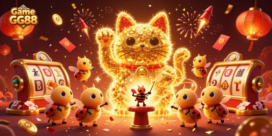 Experience Game GG88 with a dazzling illustration showcasing a lucky cat and festive casino elements in a vibrant scene.