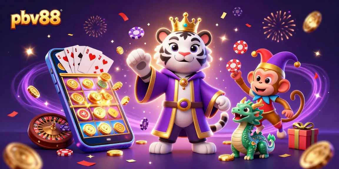pbv88 features a tiger, monkey, and dragon in a vibrant online casino scene with dynamic game elements.