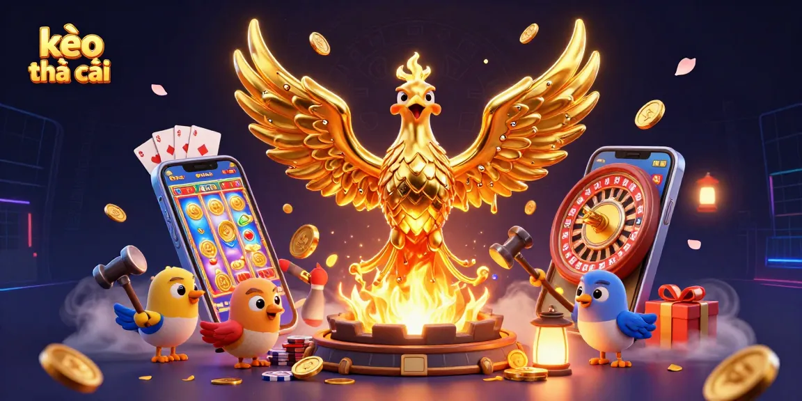 Engage with kèo nhà cái through a vibrant casino scene featuring a molten golden phoenix and energetic gaming elements.