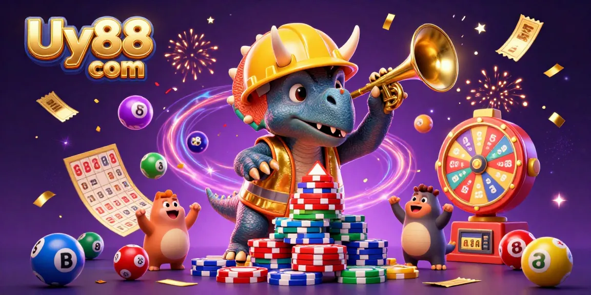 Experience excitement at Uy88 com with a triceratops building poker chip pyramids amid a vibrant casino scene.