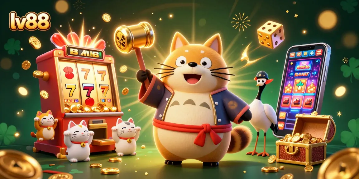 Experience thrilling wins at lv88 with cheerful tanuki and fortune cats amid a vibrant casino scene.